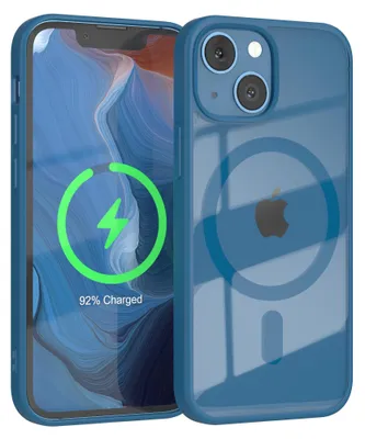A blue iPhone case is shown on a black background, with the iPhone inside displaying a charging animation.