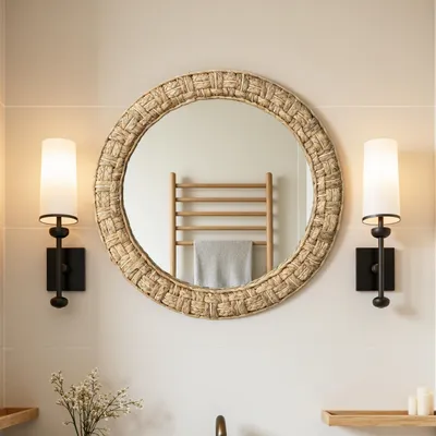 Produktbild von Runder Wandspiegel 52 cm x 52 cm mit Rahmen aus geflochtener Wasserhyazinthe