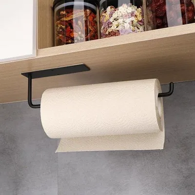 Obrázek produktu pro Držák kuchyňských utěrek Ibenzoa® o rozměrech 31 cm – nerezová ocel, matná černá barva, samolepicí a možnost montáže šrouby, pro montáž na zeď nebo pod kuchyňskou linku, vhodný pro kuchyňské utěrky a fólie