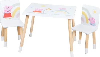 Image de Ensemble de sièges pour enfants roba Peppa Pig - 2 chaises pour enfants et 1 table pour enfants - Ensemble de sièges avec motif rose inspiré du dessin animé - Bois blanc / naturel - à partir de 18 mois