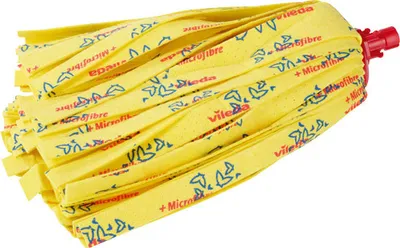 A close-up shot of a yellow Vileda mop head with red plastic attachment.