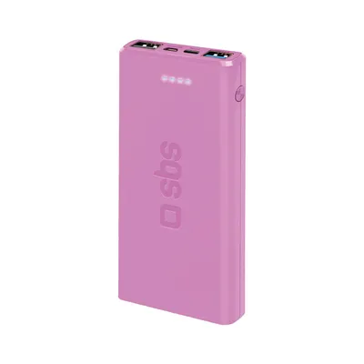 A pink power bank is shown against a white background.