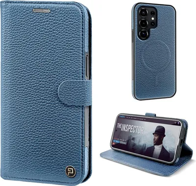 Produktbild von Echtleder Handyhülle für Samsung Galaxy S25 Ultra RFID Schutz Cover Leder Hülle Magnetring 2-in-1 Bumper abnehmbar Farbe: Blau