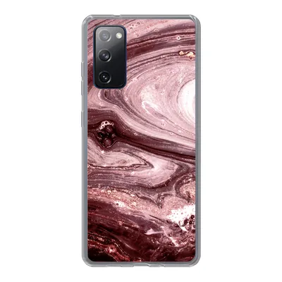 A Samsung Galaxy S20 FE phone case with a marble pattern in gold and pink.