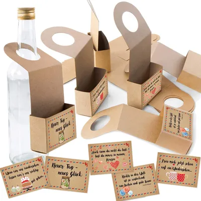 Produktbild von Logbuch-Verlag 5 Flaschenanhänger zum Befüllen aus Kraftpapier + Sprücheaufkleber braun bunt - Geschenk Flaschen dekorieren