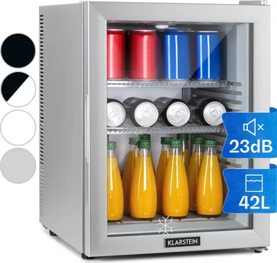 A mini refrigerator filled with drinks and snacks, presented on a light gray background with marketing overlays.