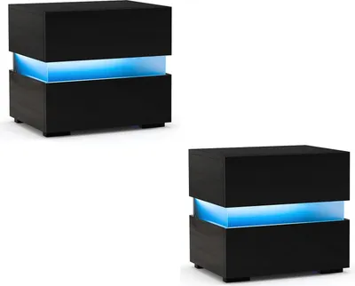 Produktbild von Nachttisch mit LED-Beleuchtung, 22 dynamischen Modi, 5 Helligkeitsstufen, Fernbedienung, 2er Nachtkommode, 2 Schubladen, 45x35x45cm, Schwarz