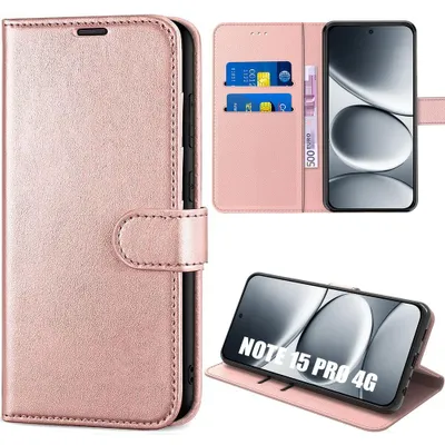 Image de Coque pour Xiaomi Redmi Note 15 Pro 4G, Protection Flip Case Anti-Rayures Antichoc Effet Cuir Rose
