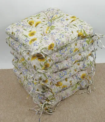 Produktbild von Set 6 x Stuhlkissen / Sitzkissen Klara 42 x 42 cm Dicke 8 cm , Stoff Mirha Leinen Blumenwiese