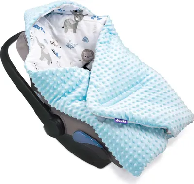 Produktbild von JUKKI® Baby EINSCHLAGDECKE 90x90 cm MINKY mit Kapuze [Blue Safari] für Babyschale Decke Kinderwagen Kindersitz
