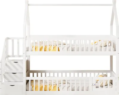 Produktbild von 90x200 cm Kinder-Etagenbett Massivholzbett mit Dach, Sicherheitstreppe und Stauraumschubladen, Stauraum Kinderbett Einzelbett