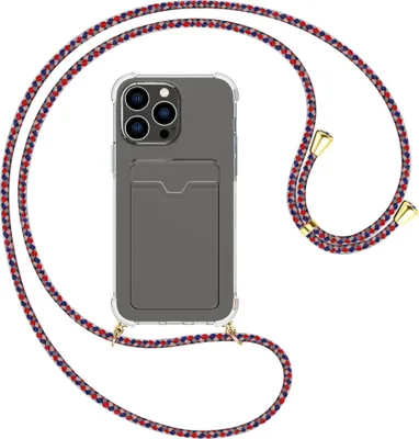 Produktbild von Handykette Backcover-Schutzhülle mit Band (Metall goldfarben) für Apple iPhone 15 Pro Max - silber/blau/rot