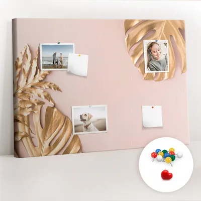 Obrázek produktu pro Korková nástěnka s kolíčky - Tabule s kolíky pro fotografie a poznámky - 100x70 cm - Připínáčky barevné 100 kusů - Zlaté tropické listy