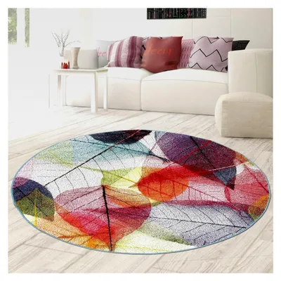 Produktbild von Runder Teppich für Wohnzimmer und Essbereich, pflegeleicht und strapazierfähig, mehrfarbig mit Laubmuster, 80 cm