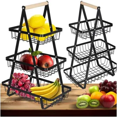 Obrázok produktu pre Košík na ovocie a zeleninu, trojposchodový, kovový, drevený podnos