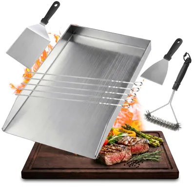 Image de Plaque de cuisson en acier inoxydable avec accessoires, dimensions : 42 x 33,5 cm