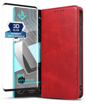 Produktbild von Handyhülle für Samsung Galaxy S10 mit 9H Displayglas Kunstleder Flip Cover Hülle Klapphülle Case Kartenfach Farbe: Rot