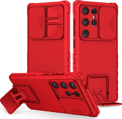 Image de Étui pour Samsung Galaxy S26 Ultra double couche robuste, étui de protection militaire avec support et protection coulissante pour caméra rouge