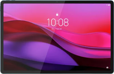 A tablet displaying a lock screen with the time and date.
