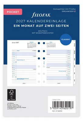 Produktbild von FILOFAX Kalendereinlage 2027 - POCKET - 1 Monat = 2 Seiten mit Register - weiss - deutsch