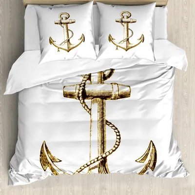 Produktbild von ABAKUHAUS Nautisch Bettbezug Set, Goldfolie Anker Bild Ist Sicherer Und Geerdeter Reise Reise Fischer, 200 x 200 cm + 80 x 80 cm, Gelb und Schwarz