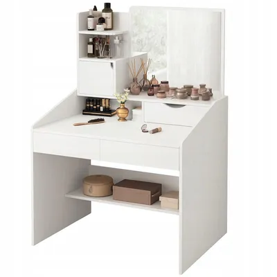 A white vanity table with a mirror and various makeup products displayed on it.