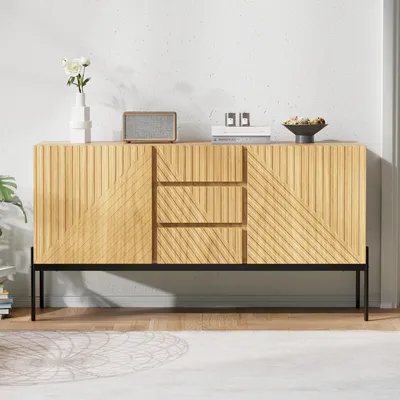 Image de Flieks Commodes Armoires de salon Sideboard avec 2 portes, buffet Highboard Tables d'appoint avec étagère réglable, commodes sans poignée, naturel