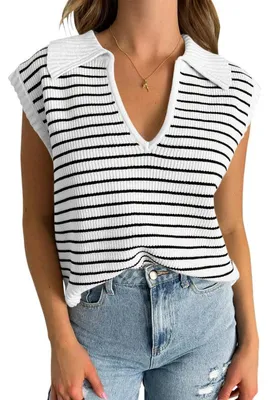 Produktbild von Ärmelloses, gestricktes Sommer-T-Shirt für Damen mit kurzen Ärmeln und V-Ausschnitt,Größe:L