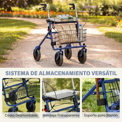 Image de Aide à la marche pour personnes âgées - Déambulateur pliable - Avec siège - 4 roues - Réglable en hauteur - Capacité de charge : 136 kg - Bleu