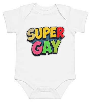 Obrázek produktu pro SUPER GAY Duhový Pride LGBT queer tričko, bílé, velikost 12/18 měsíců