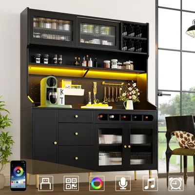 Produktbild von Flieks Küche Hochschrank mit Weinregal und Glashalter, Küchenbuffet Küchenschrank mit Led, Buffetständer Highboard mit Lochwandregalen, Schwarz