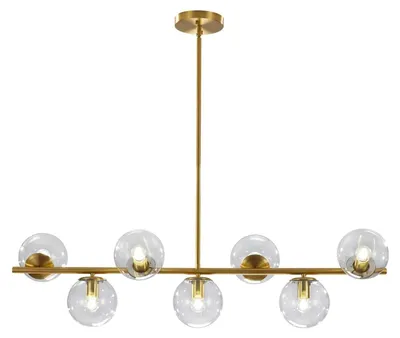 7-flammiger Sputnik-Kronleuchter, Glaskugeln, gold, höhenverstellbar