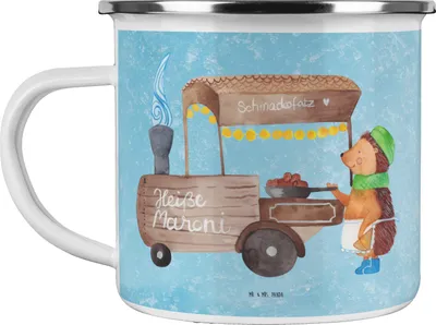 Produktbild von Mr. & Mrs. Panda Camping Emaille Tasse Igel Maronen - Eisblau - Geschenk, Kaffeepott, Pott, Haferl, Weihnachtsmarkt, Weihnachten, Duft, Campingtasse, Kastanien, Teetasse