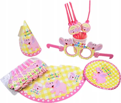 Produktbild von Kindergeburtstag Party Set Elefant 36-tlg - Pappgeschirr Deko Teller Becher Hüte