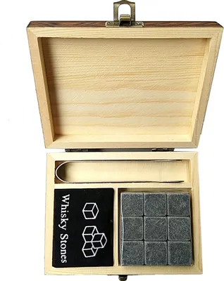 Produktbild von 9PCS Whisky Stones Set Kuehlsteine Holzkiste Chilling Rocks Wiederverwendbare Eiswuerfel fuer Whisky Wein Biersaft Coole Getraenke Bar Zubehoer