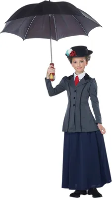 A young girl dressed as a nanny, holding an umbrella.