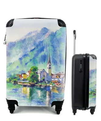 Produktbild von MuchoWow® Koffer Handgepäck Trolley Rollkoffer Kleine Reisekoffer mit 4 Rollen - Gemälde - Ölfarbe - Haus - Berge - Wasser - Cabin Size < 55x40x23 cm & 55x40x20 cm - Fotokoffer - Kabinenkoffer - Boardgepäck - Reise-Box - Reisekoffer - Reisegepäck - Koffer mit Bild - Trolley für Kinder