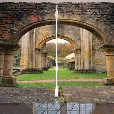 Produktbild von ARANDE Antiquität Gardine, Herbst-Ansicht über die alten Ruinen des berühmten mittelalterlichen Jahrhunderts in Belgien, 280 x 260 cm, Sand Braun und Grün