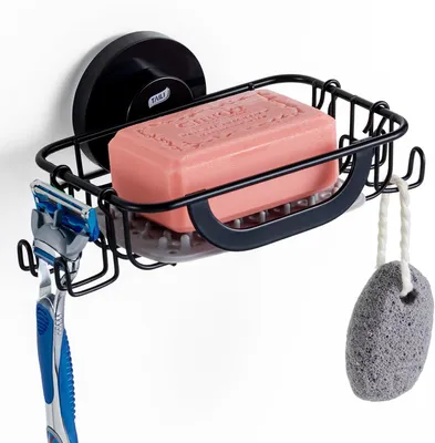 Immagine prodotto di Porta sapone con ganci - Supporto per sapone a ventosa in acciaio inossidabile - Nero