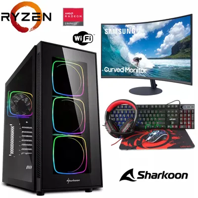 Produktbild von Gaming Komplett Set - Ryzen 5 5600G 6x4,4GHz - 8GB RAM - Radeon Graphics - Samsung Curved LCD LED Monitor - 4 in 1 Gaming Kit - RGB Echtglas Gehäuse