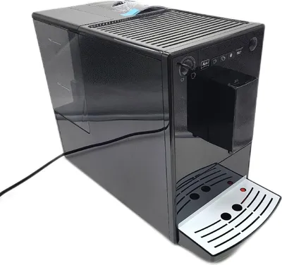 A black Melitta Caffeo Solo E 950-222 coffee machine is shown from a three-quarter angle against a white background.