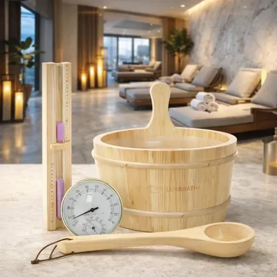 Produktbild von 4-teilig Saunazubehör-Set aus massivem Kiefernholz, 4,5L Aufgusskübel & Kelle, Thermometer-Hygrometer & 15min. Sanduhr LuxeBath