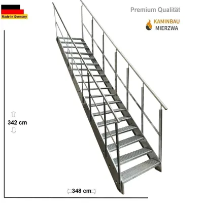 Produktbild von Premium Wangentreppe Stahltreppe Gitterroststufen 18 Stufen mit beidseitigem Geländer Verzinkt Treppen Breite 140 cm Geschosshöhe 342cm / Aussentreppe