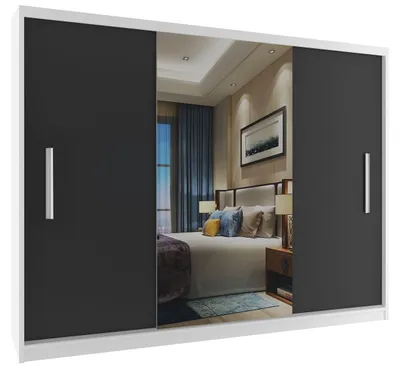 Image de BELINI Verona ME : Armoire coulissante de 232 cm, blanc/noir mat - Armoire avec miroir et penderie, idéale pour la chambre