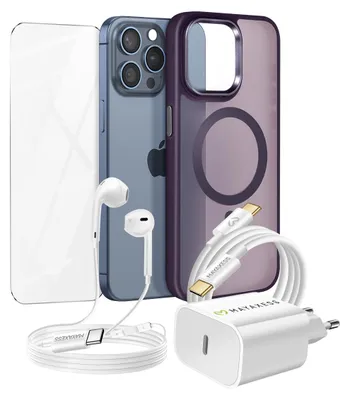 Immagine prodotto di Mayaxess, pacchetto Essential per custodia iPhone 15 Pro Max, vetro protettivo, caricabatterie, auricolari, viola