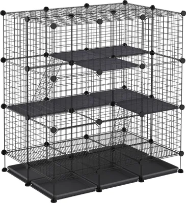 Image de PawHut Cage parc enclos rongeurs modulable dim. L 111 x l 75 x H 119 cm 3 niveaux 4 portes fil métallique noir