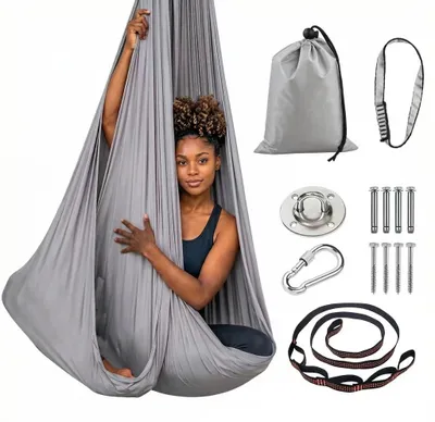 Image de Kit de hamac pour yoga aérien, dimensions 280 x 150 cm, couleur gris clair
