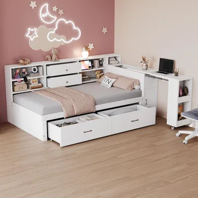 Produktbild von Holzschlafsofa 90x200, Jugendbett mit Schreibtisch, Funktionsbett Weiß, Einzelbett Stauraum, Bett mit USB Steckdose, Schreibtisch ausziehbar, Bettschubladen, Daybed Holz, Kinderbett multifunktional, Kompaktbett, Bett mit Regal, Gästebett Weiß, Raumsparbett, Schrankbett, Massivholzbett Design