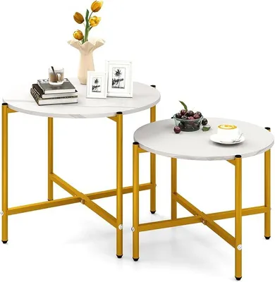 Imagen del producto de Conjunto de dos mesas auxiliares redondas, con apariencia de mármol y estructura de metal, mesa de centro moderna para sala de estar, juego de mesas para sofá, mesas auxiliares para sala de estar o dormitorio, color blanco y dorado