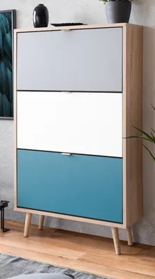 Produktbild von Schuhschrank Colory Sonoma Eiche hell, Petrol, Weiß und Grau skandinavischer Schuhkipper